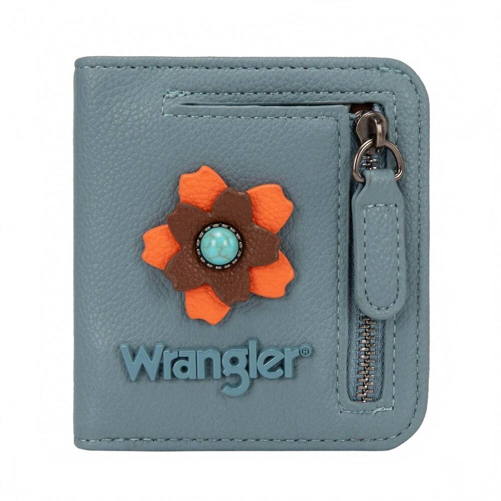 NEW WRANGLER 3d floral turquoise rfid bifold wallet in jean